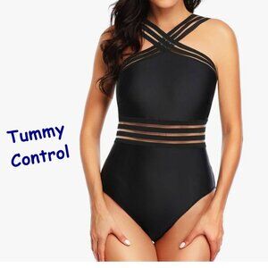NWT Tempt Me Tummy Control Crisscross One-Piece Black Swimsuit Size Medium